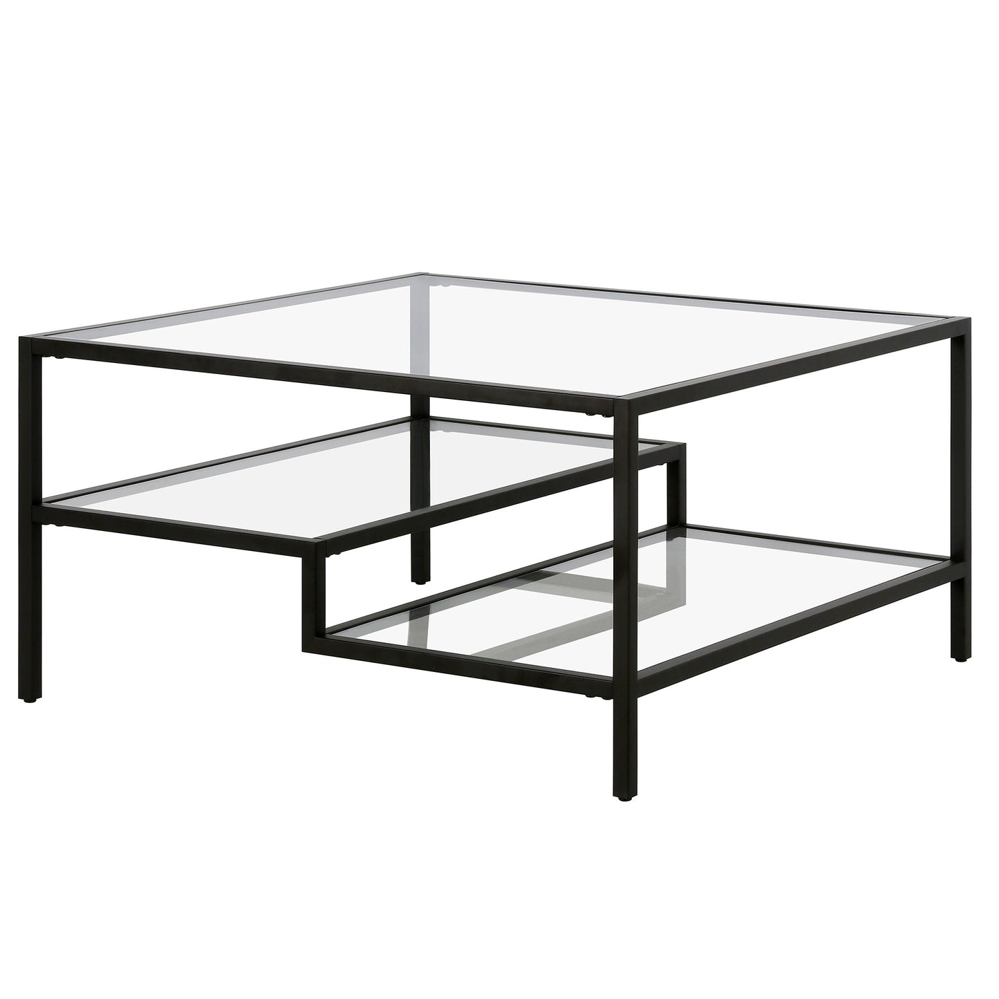 32" Black Glass And Steel Square Coffee Table With Two Shelves