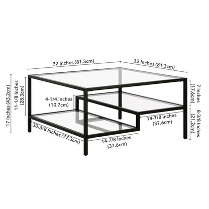 32" Black Glass And Steel Square Coffee Table With Two Shelves