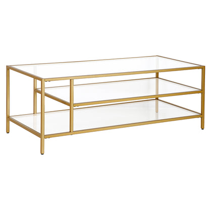 46" Gold Glass And Steel Coffee Table With Two Shelves