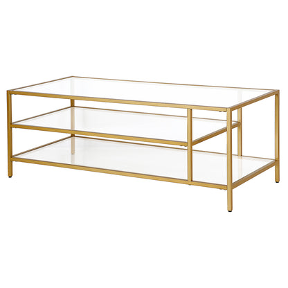 46" Gold Glass And Steel Coffee Table With Two Shelves