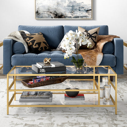 46" Gold Glass And Steel Coffee Table With Two Shelves