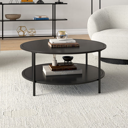 36" Black Glass And Steel Round Coffee Table With Shelf