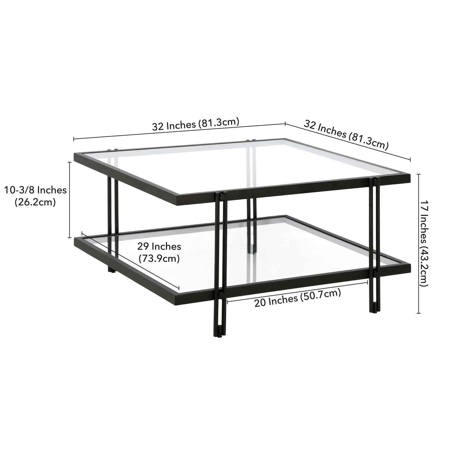 32" Black Glass And Steel Square Coffee Table With Shelf