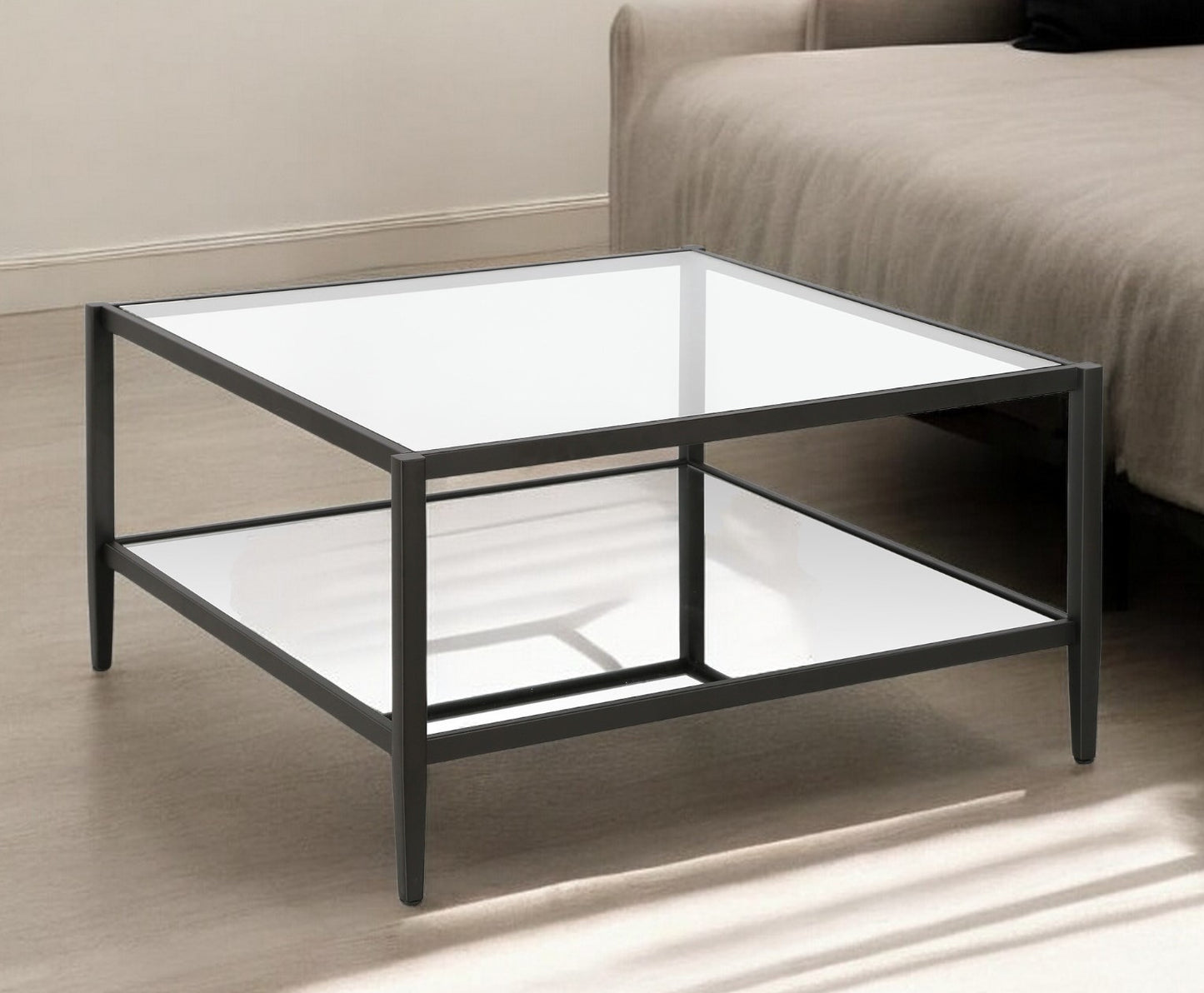 32" Black Glass And Steel Square Coffee Table With Shelf