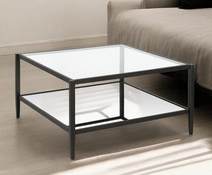 32" Black Glass And Steel Square Coffee Table With Shelf