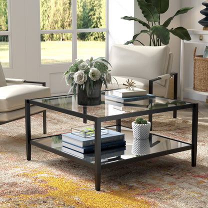 32" Black Glass And Steel Square Coffee Table With Shelf