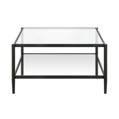 32" Black Glass And Steel Square Coffee Table With Shelf