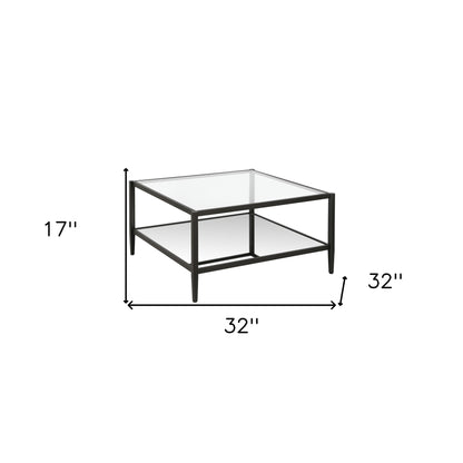 32" Black Glass And Steel Square Coffee Table With Shelf