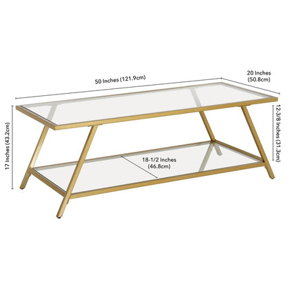 48" Gold Glass And Steel Coffee Table With Shelf