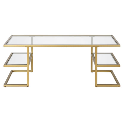 47" Gold Glass And Steel Coffee Table With Two Shelves