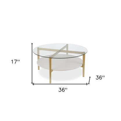 36" Gold Glass And Steel Round Coffee Table With Shelf