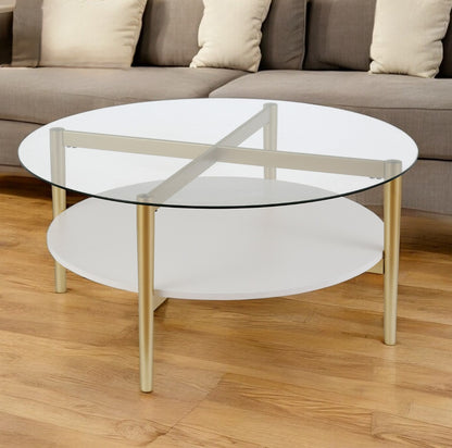 36" Gold Glass And Steel Round Coffee Table With Shelf