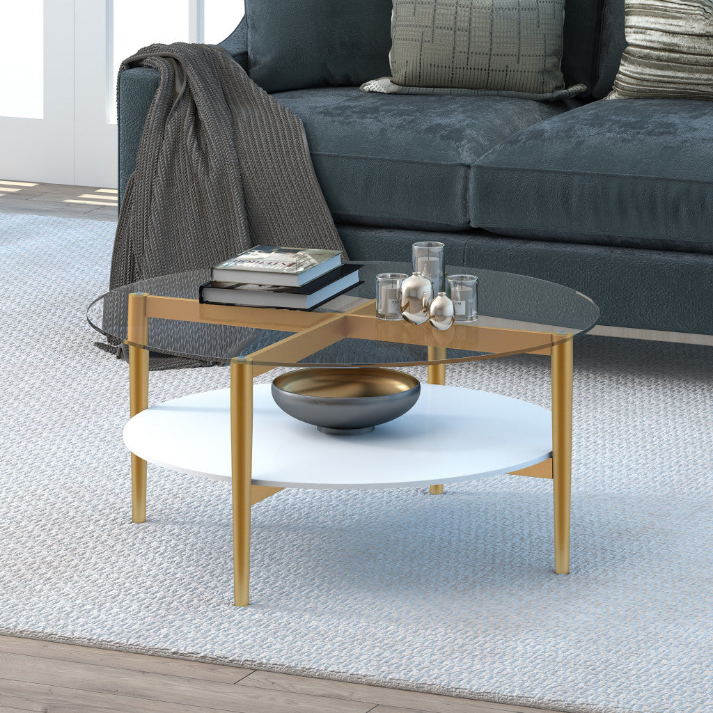 36" Gold Glass And Steel Round Coffee Table With Shelf