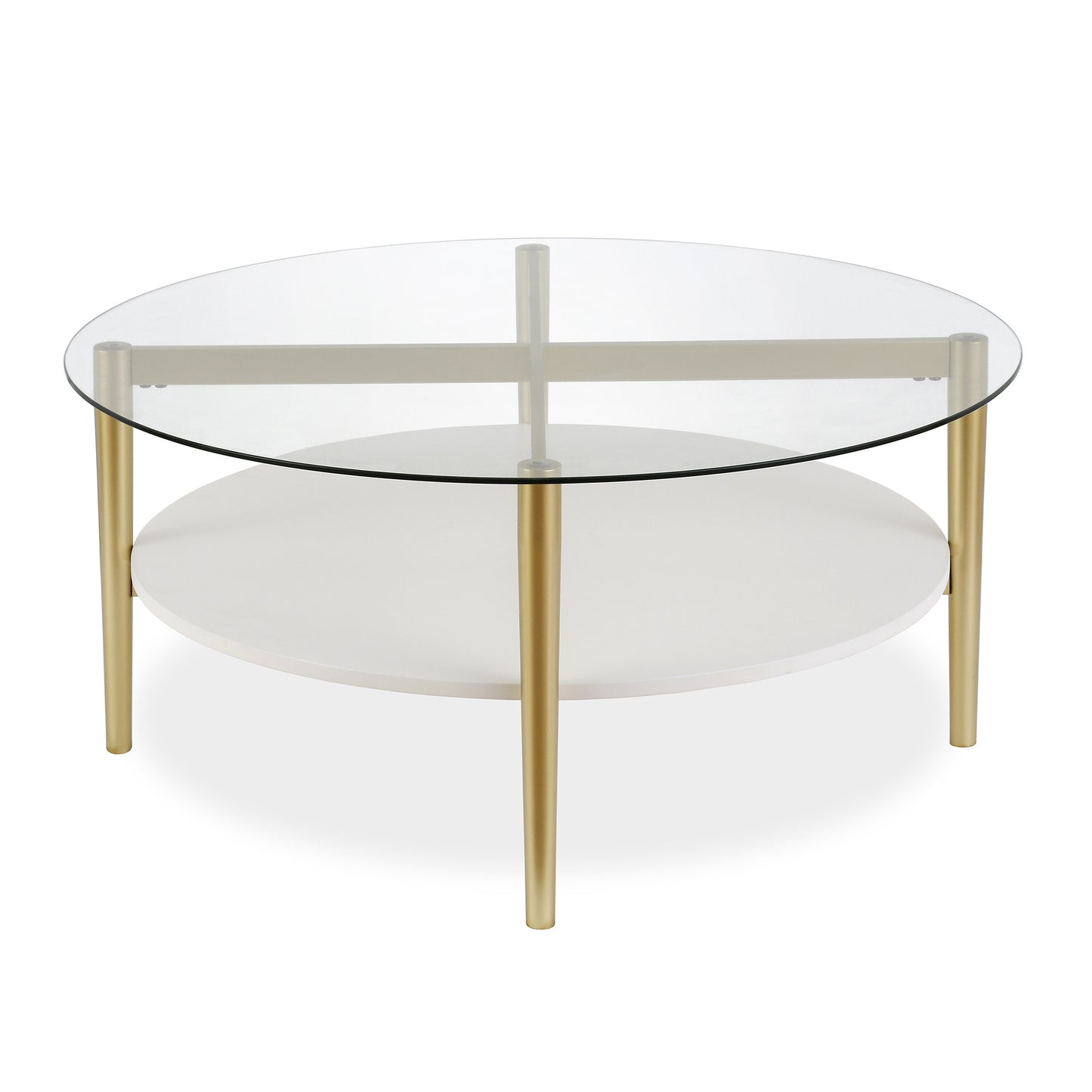 36" Gold Glass And Steel Round Coffee Table With Shelf