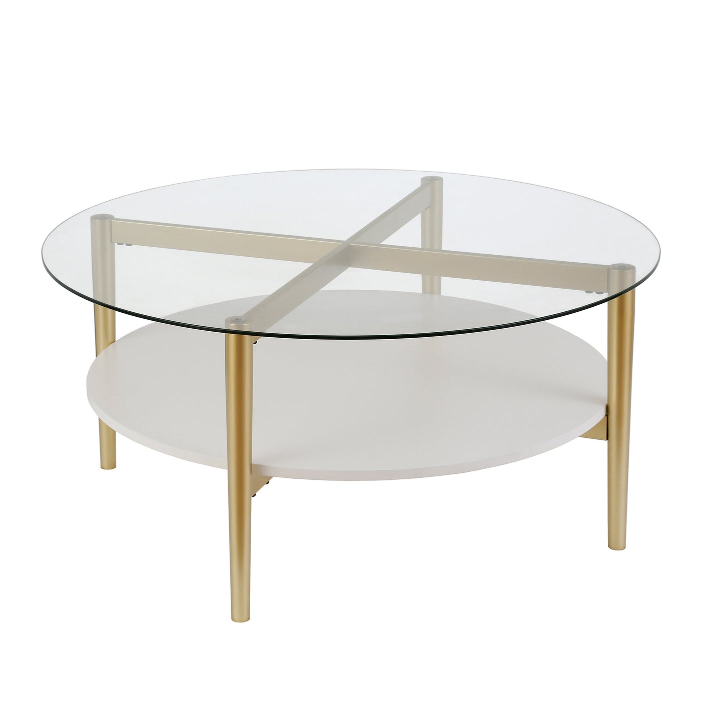 36" Gold Glass And Steel Round Coffee Table With Shelf