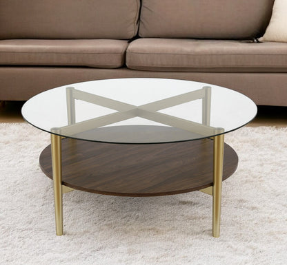 36" Gold Glass And Steel Round Coffee Table With Shelf