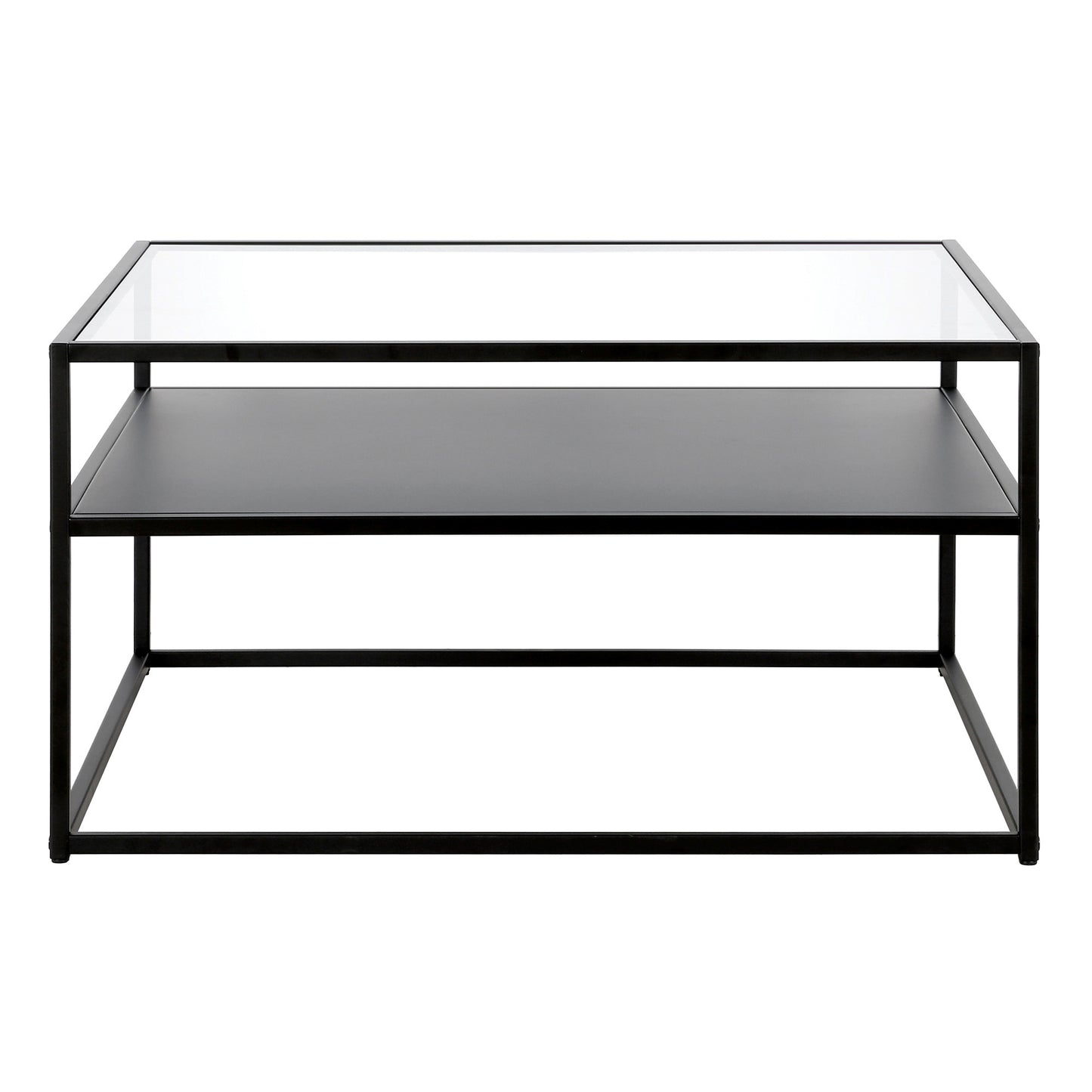 32" Black Glass And Steel Square Coffee Table With Shelf