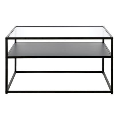 32" Black Glass And Steel Square Coffee Table With Shelf