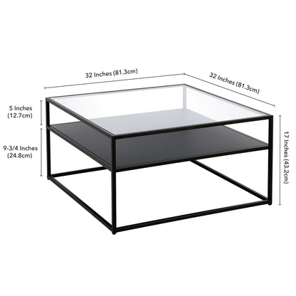 32" Black Glass And Steel Square Coffee Table With Shelf