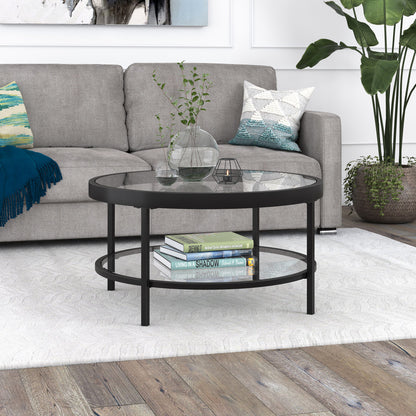 32" Black Glass And Steel Round Coffee Table With Shelf