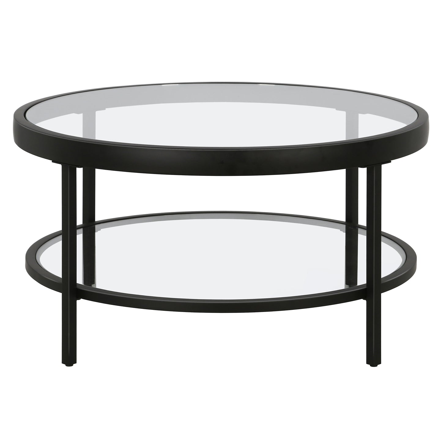 32" Black Glass And Steel Round Coffee Table With Shelf