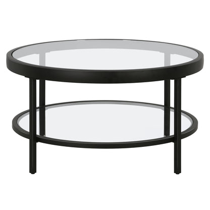 32" Black Glass And Steel Round Coffee Table With Shelf