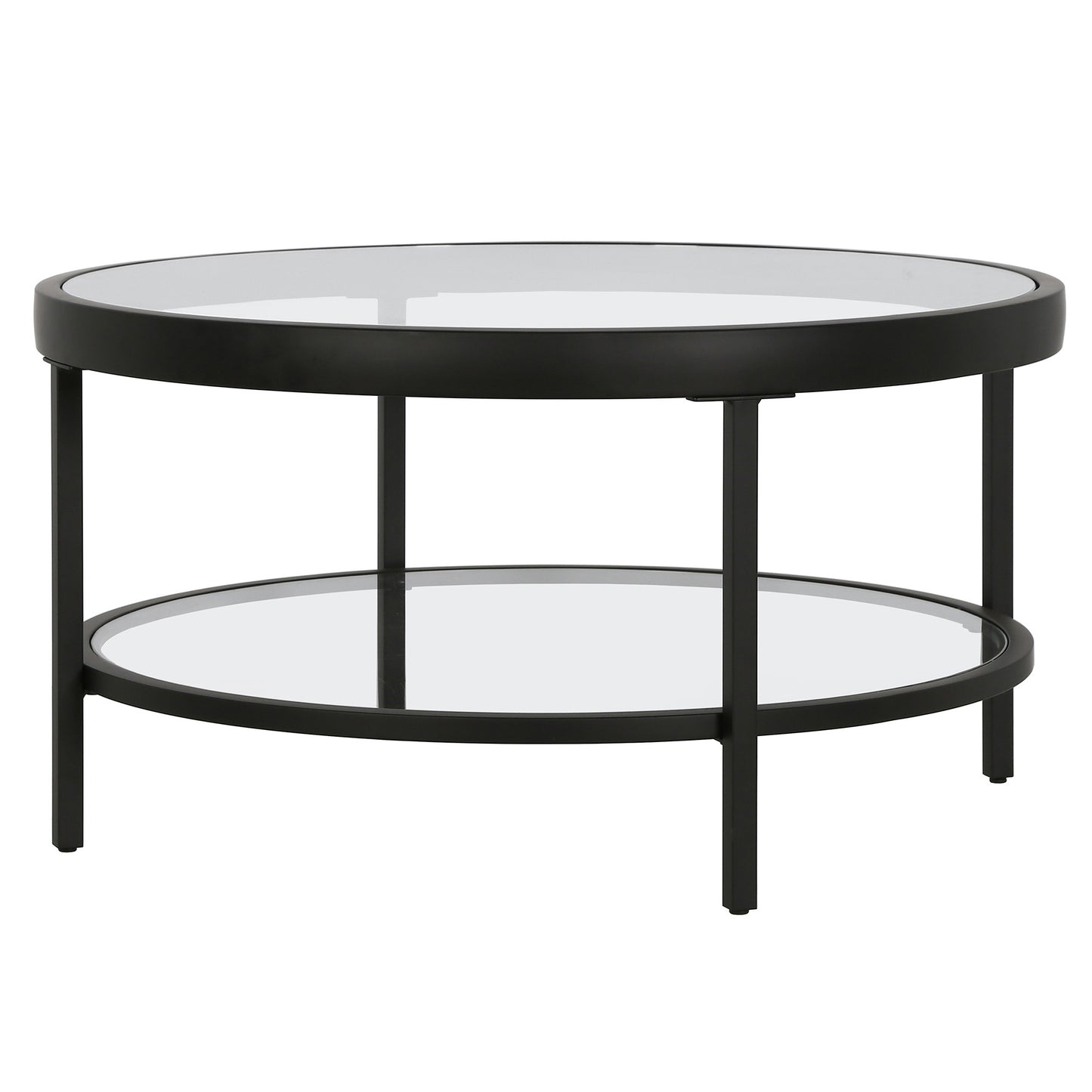 32" Black Glass And Steel Round Coffee Table With Shelf