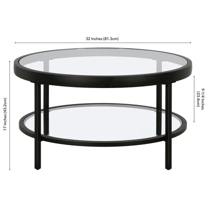 32" Black Glass And Steel Round Coffee Table With Shelf