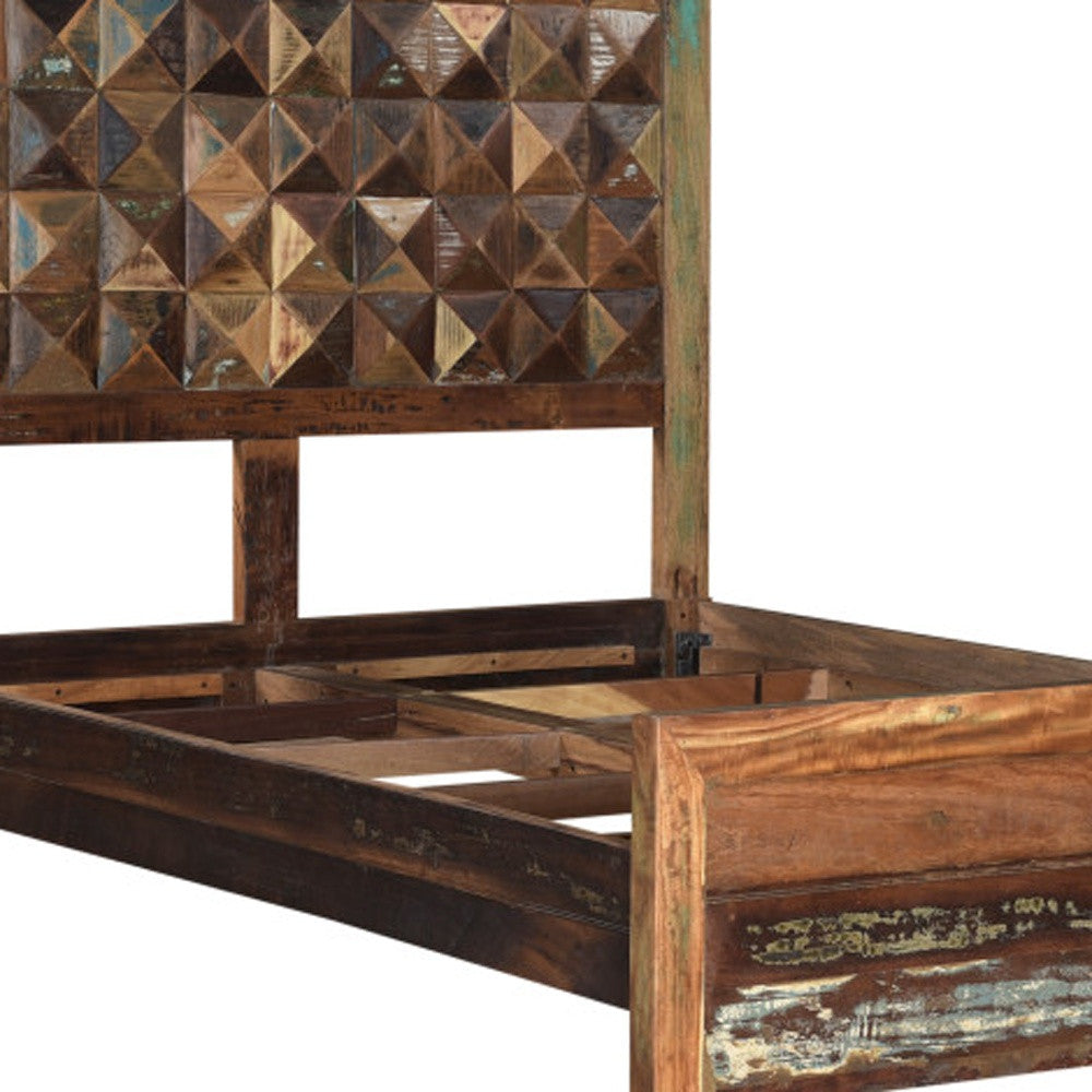 Solid Reclaimed Wood Queen Brown Geometric Panel Bed