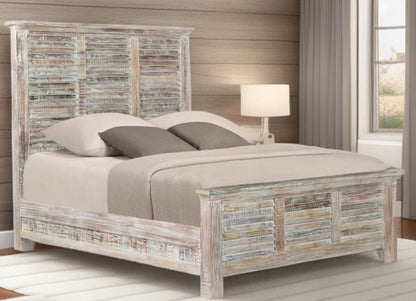 Distressed White and Multi Shutter Style Reclaimed Wood Queen Bed