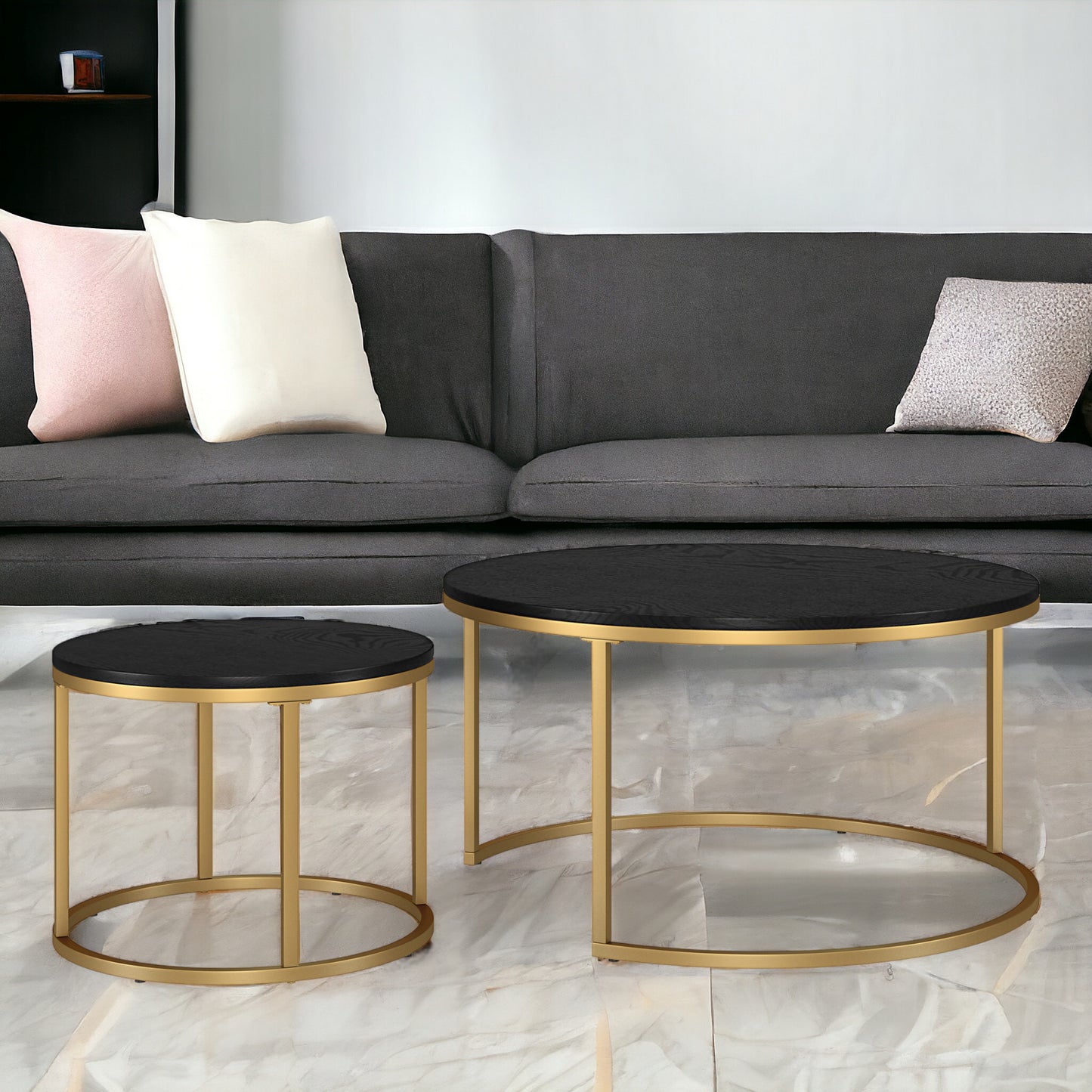 Set of Two 35" Black And Gold Steel Round Nested Coffee Tables