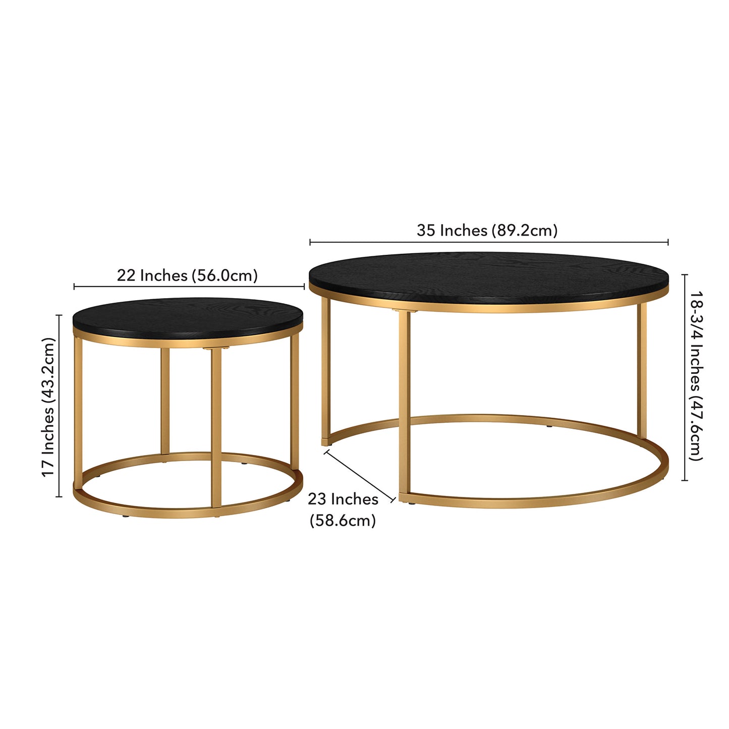 Set of Two 35" Black And Gold Steel Round Nested Coffee Tables