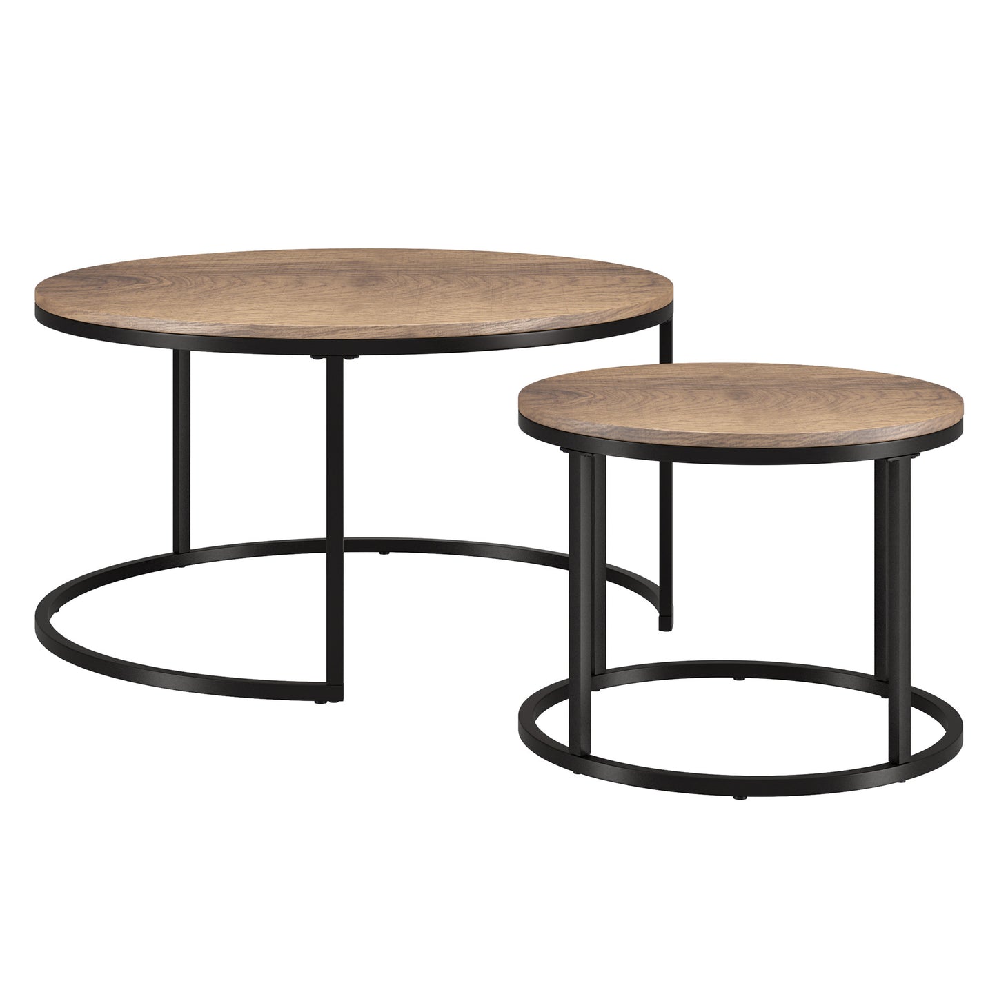 Set of Two 35" Brown And Black Steel Round Nested Coffee Tables