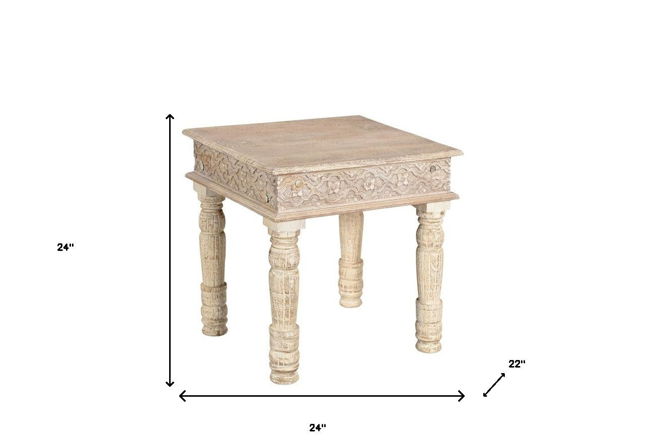 24" White Distressed Solid Wood Square End Table