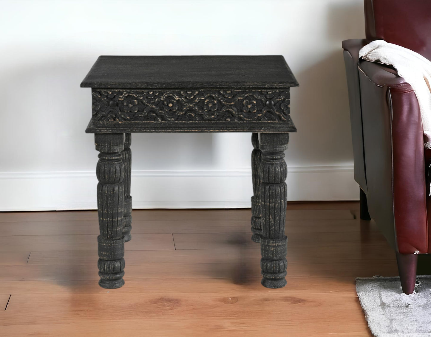 24" Black Distressed Solid Wood Square End Table