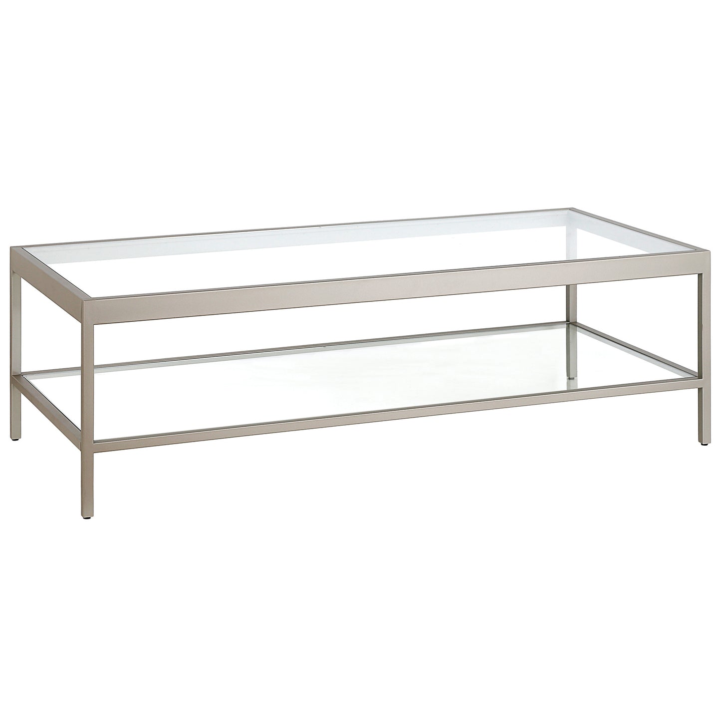 54" Clear And Silver Glass And Steel Coffee Table With Shelf