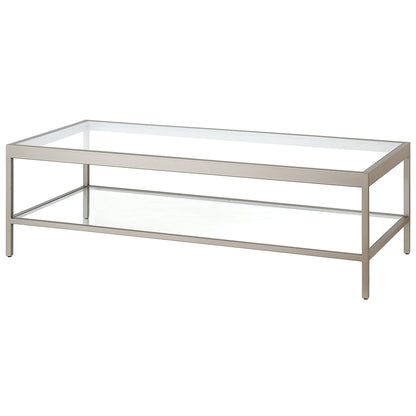 54" Clear And Silver Glass And Steel Coffee Table With Shelf