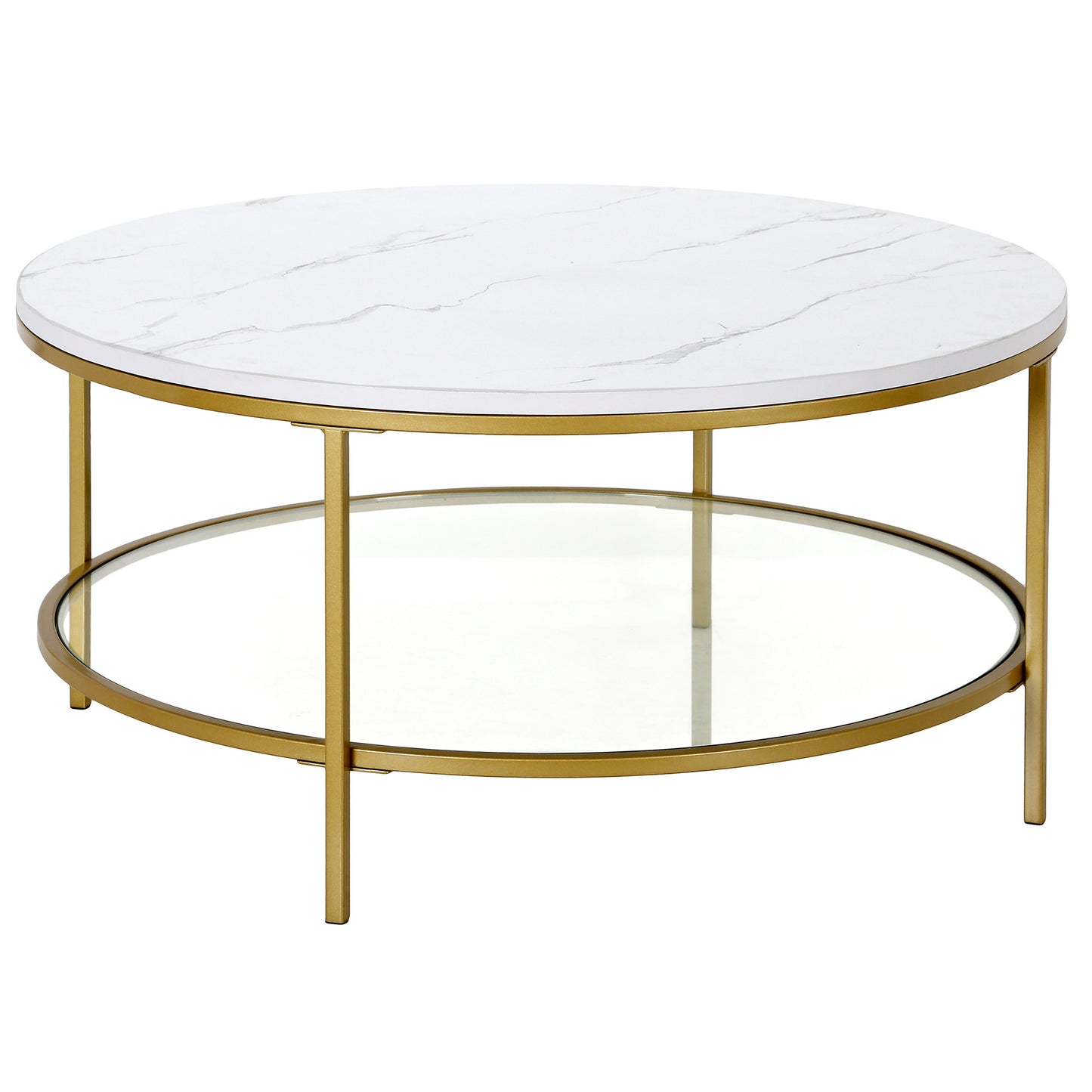 36" Gold Faux Marble And Steel Round Coffee Table With Shelf