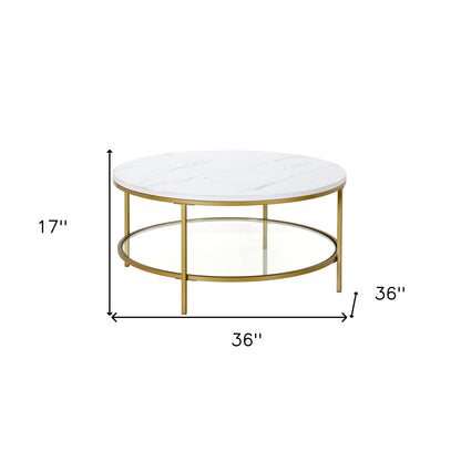 36" Gold Faux Marble And Steel Round Coffee Table With Shelf