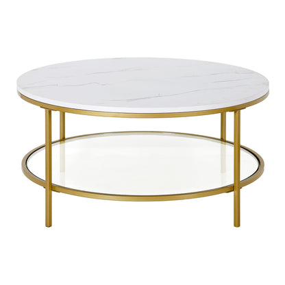 36" Gold Faux Marble And Steel Round Coffee Table With Shelf