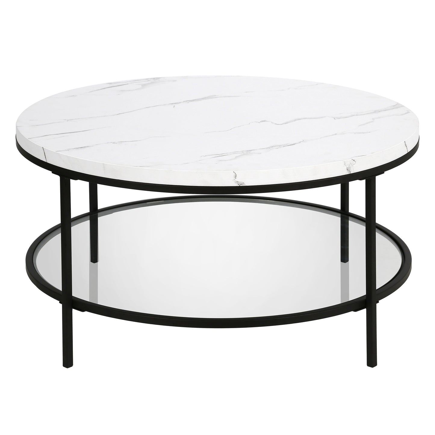 36" Black Faux Marble And Steel Round Coffee Table With Shelf