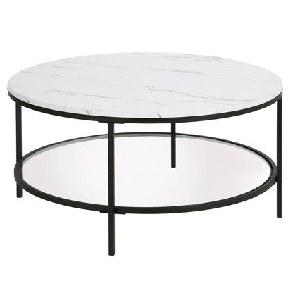 36" Black Faux Marble And Steel Round Coffee Table With Shelf