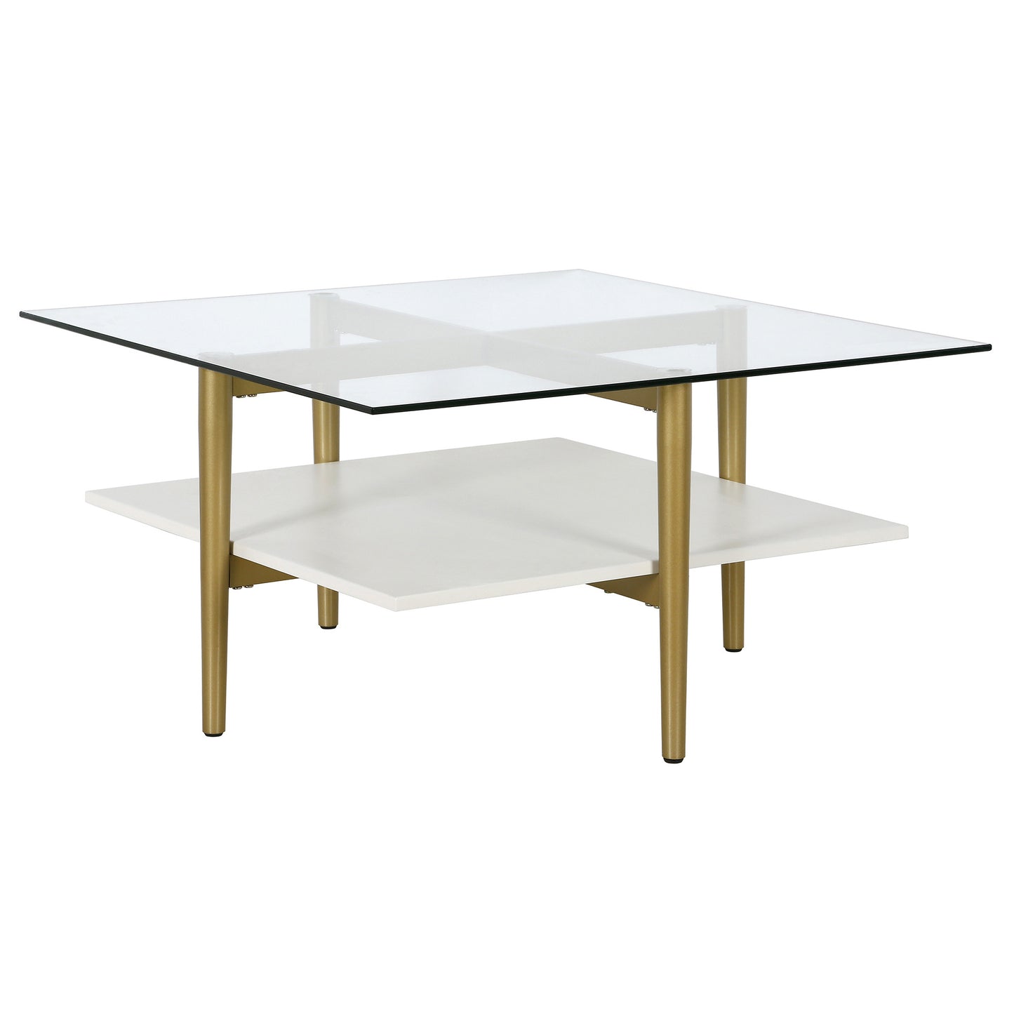 32" White And Gold Glass And Steel Square Coffee Table With Shelf