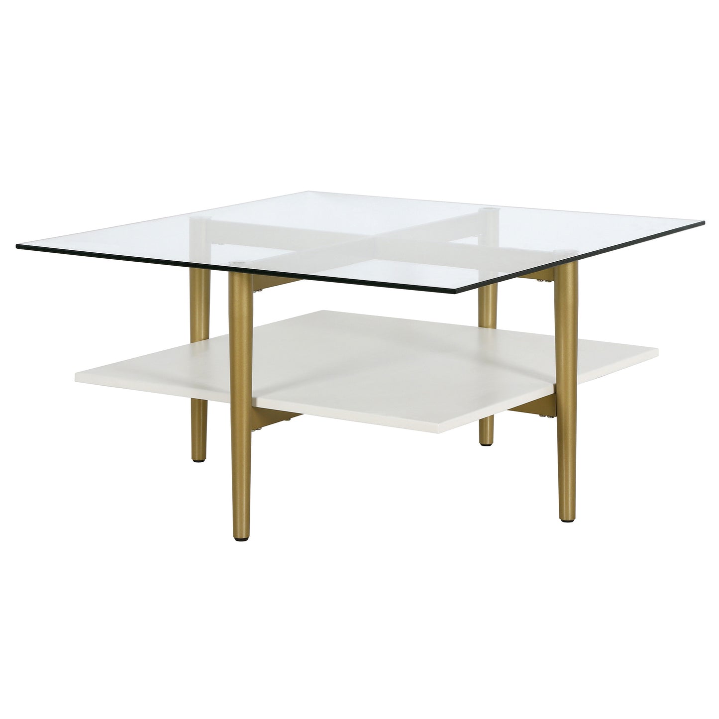 32" White And Gold Glass And Steel Square Coffee Table With Shelf