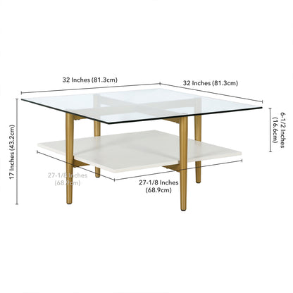 32" White And Gold Glass And Steel Square Coffee Table With Shelf