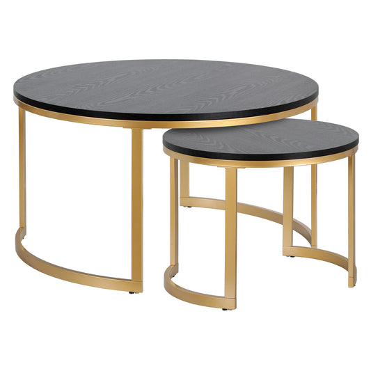 Set of Two 36" Black And Gold Steel Round Nested Coffee Tables