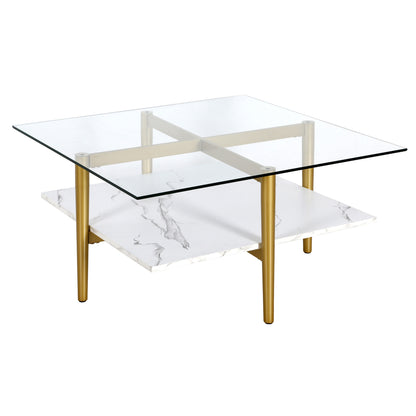 32" White And Gold Glass And Steel Square Coffee Table With Shelf