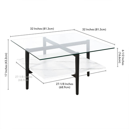 32" White And Black Glass And Steel Square Coffee Table With Shelf