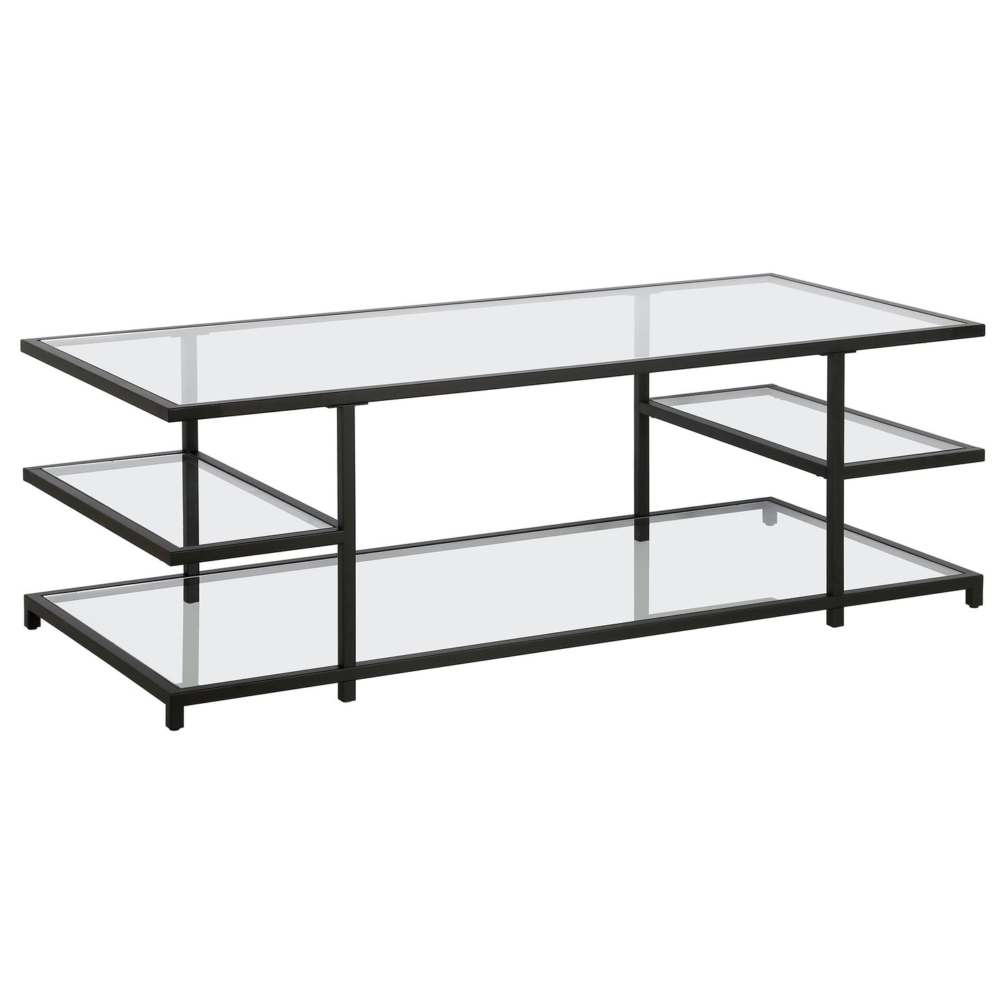 54" Black Glass And Steel Coffee Table With Three Shelves