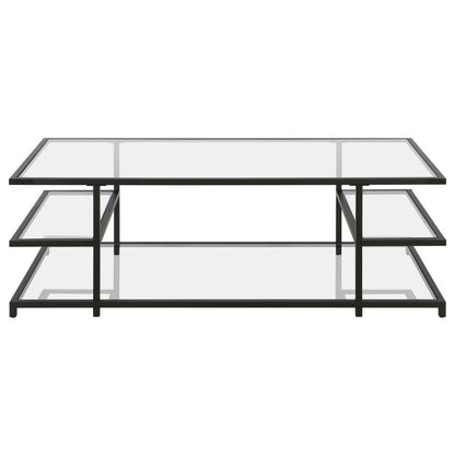 54" Black Glass And Steel Coffee Table With Three Shelves